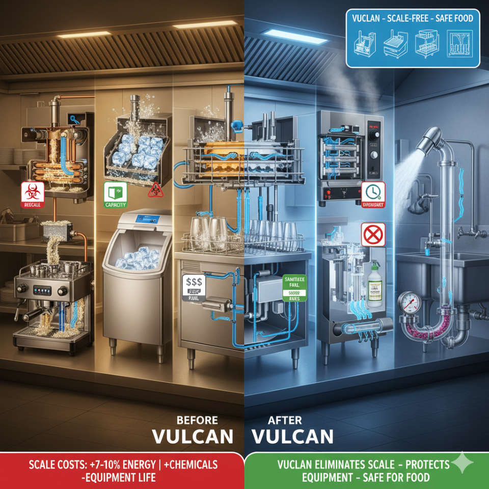 Commercial kitchen equipment with mineral scale damage